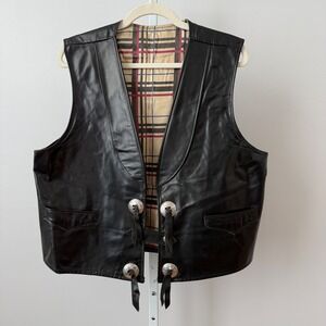 VTG Jo-O-Kay sz 44 Black Leather Western Concho Vest Plaid Lined  Oklahoma Goth